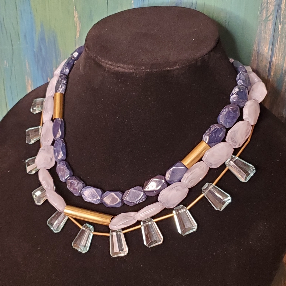 ♡ Ann Taylor Loft NWT 3 Strand Stone & Glass Boho Necklace Blue Aqua